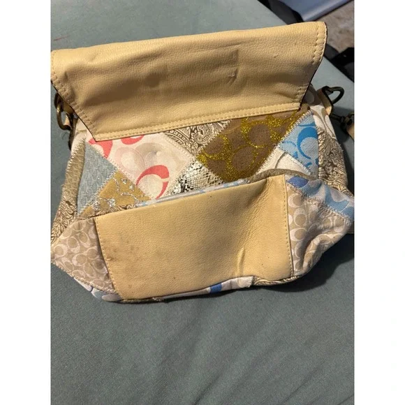 Coach Patchwork Shoulder Bag Leather Canvas Hobo Purse Tan Beige - Picture 6 of 6